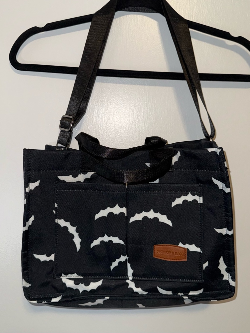Black Bat-Print Crossbody Tote